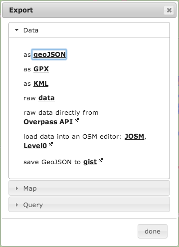 screenshot of the export options in Overpass Turbo